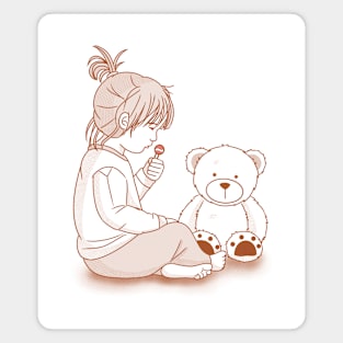 Little Girl Enjoying Candy With Teddy Bear Magnet